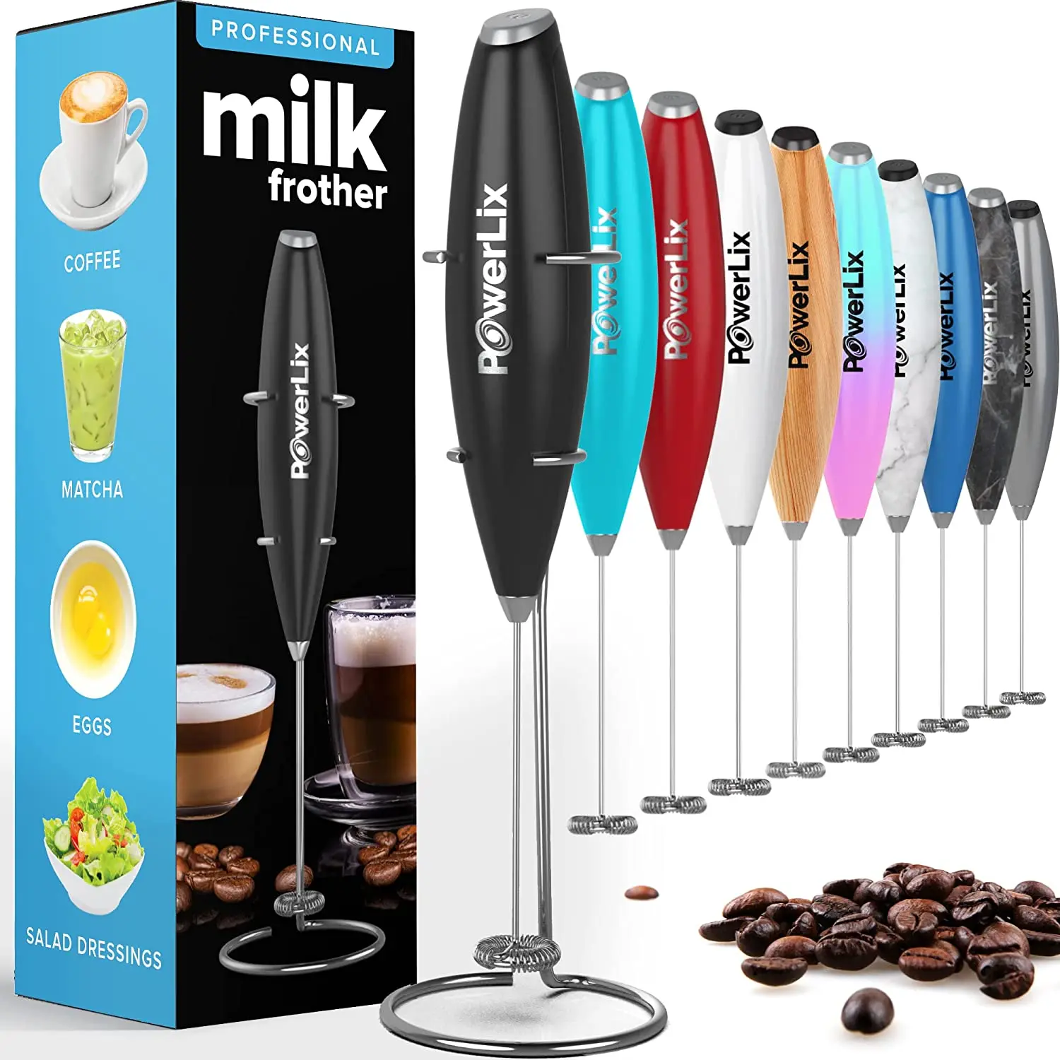 PowerLix Handheld Milk Frother: Battery Operated Electric Whisk & Drink Mixer with Stainless Steel Stand (19,000 RPM)