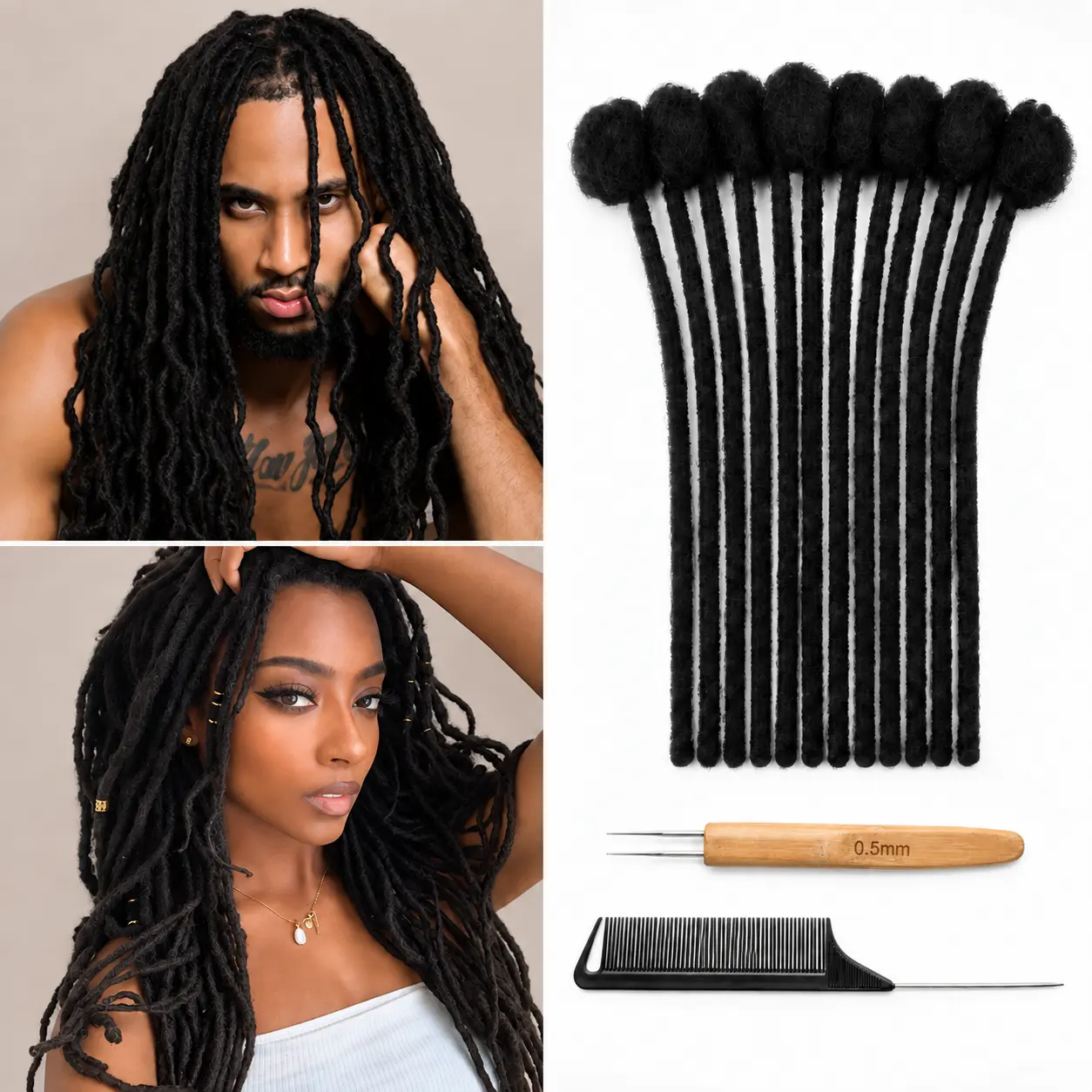 DATANALA Natural Black Dreadlock Extensions Human Hair, 0.6cm Loc Extensions for Adding Length & Repairing Locs, Crochet Dreads for Men Women, 10/30 /50Strands