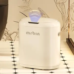 MRBIN Automatic Adsorption Metal Trash Can for Bathroom, Touchless Garbage Bin with Lid, 3.2 Gallon Slim Trash Can for Office and Bedroom, Electric Motion Sensor Waste Basket, Cream White