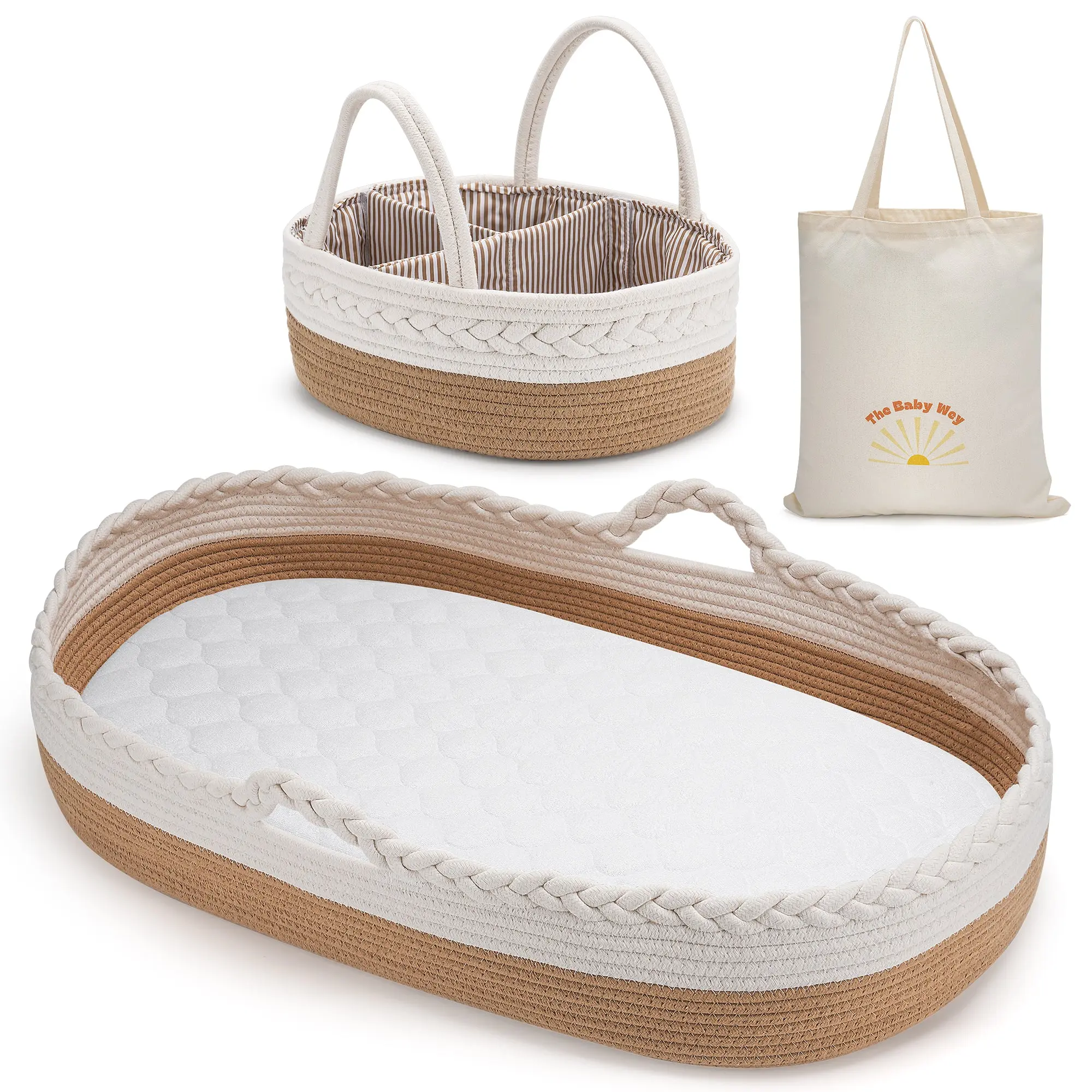 Baby Changing Basket by The Baby Wey, Moses Basket, Foam Basket Pad, 2 Washable Waterproof Pad Covers, Matching Diaper Caddy, Cloth Tote Bag for Traveling, Portable Changing Pad