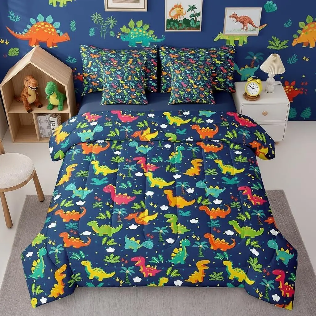 7 Piece Cartoon Dinosaur Kids Bedding Set for Boys Ancient Jungle Animals Comforter Set,Children Bedroom Decor Cute Rainbow Dino Bed Sheets Tropical Palm Leaf Quilt Set,(Dark Blue )