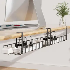 2 Pack Cable Management Under Desk Tray 31.4" No Drill Wire Organizer with Upgraded Clamp Metal Cord Holders for Desk PC Cable Management Rack Black