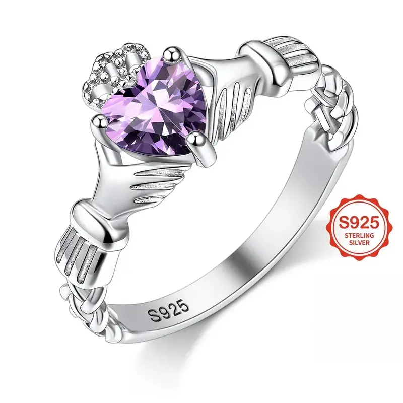 September Laurel  Claddagh Ring with Purple Heart Stone, Irish Promise Ring for Girlfriend, Fine Craftsmanship Fashion Jewelry, Promise Ring Gift