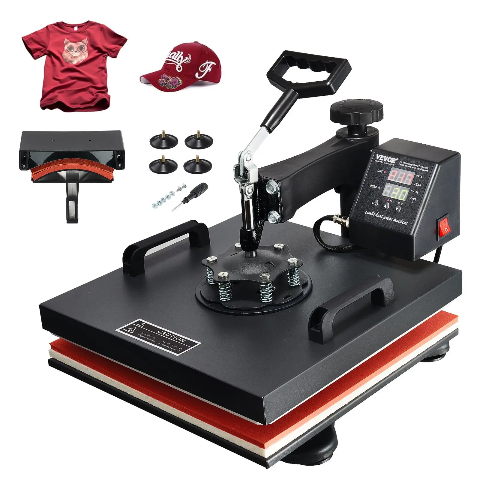【Summerfinds】VEVOR Heat Press Machine, 15 x 15 inch, 2 in 1 Heat Transfer Machine with Hat Press, 360° Swing Away T-Shirt Pressing Machine, Digital Precise Control, Fast Even Heating for T-Shirts/Hats/Caps, Black