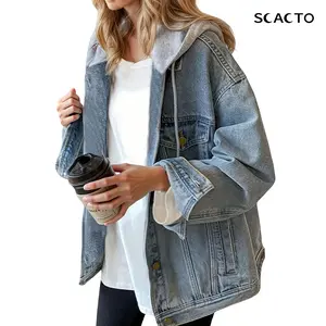 Scacto Women's Oversized Hooded Denim Jacket, Retro Loose Fit Lightweight Comfort, Elastic Soft Stretch Fabric for Casual Streetwear and Daily Wear button jacket