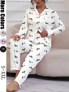 Women's Cute Sausage Dog Print Pajama Set, Long Sleeve Lapel Shirt & Elastic Pants, Casual Fall & Winter Sleepwear Loungewear