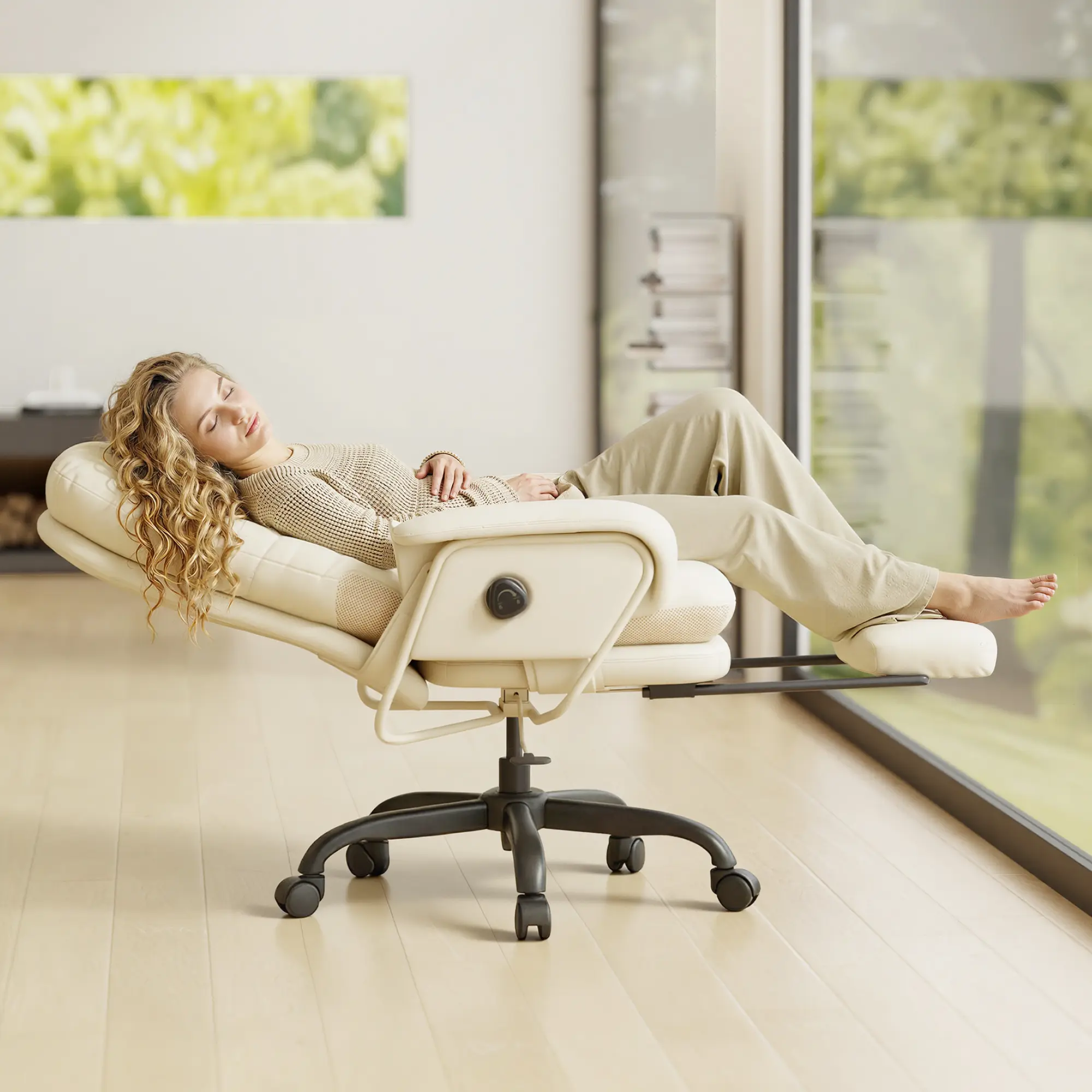 FLEXISPOT Luno 2-in-1 Adjustable Height Recliner Chair, 165° Deep Recline Home Office Chair with Footrest, Wide Seat for Cross-Legged Sitting, 400lbs Heavy Duty Support, Ergonomic Leather Chaise Lounge for Living Room, Beige/Black, Adjustable Height Chair