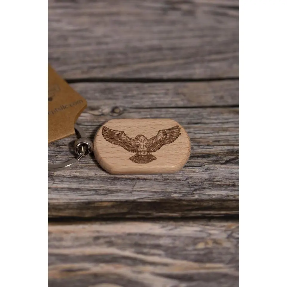 Eagle Keychain Wood - Laser Engraved Rustic Hardwood Charm with Stainless Steel Hardware