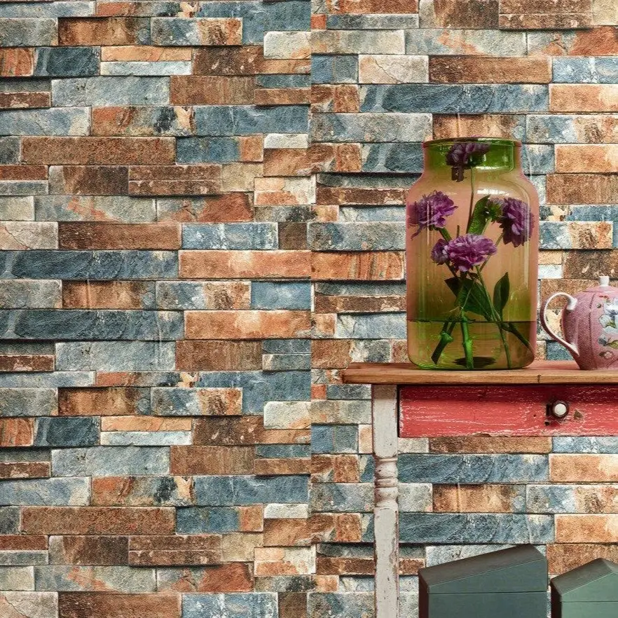 3D Stone Brick Peel and Stick Wallpaper Self-Adhesive Vinyl Wall Covering Rustic Design