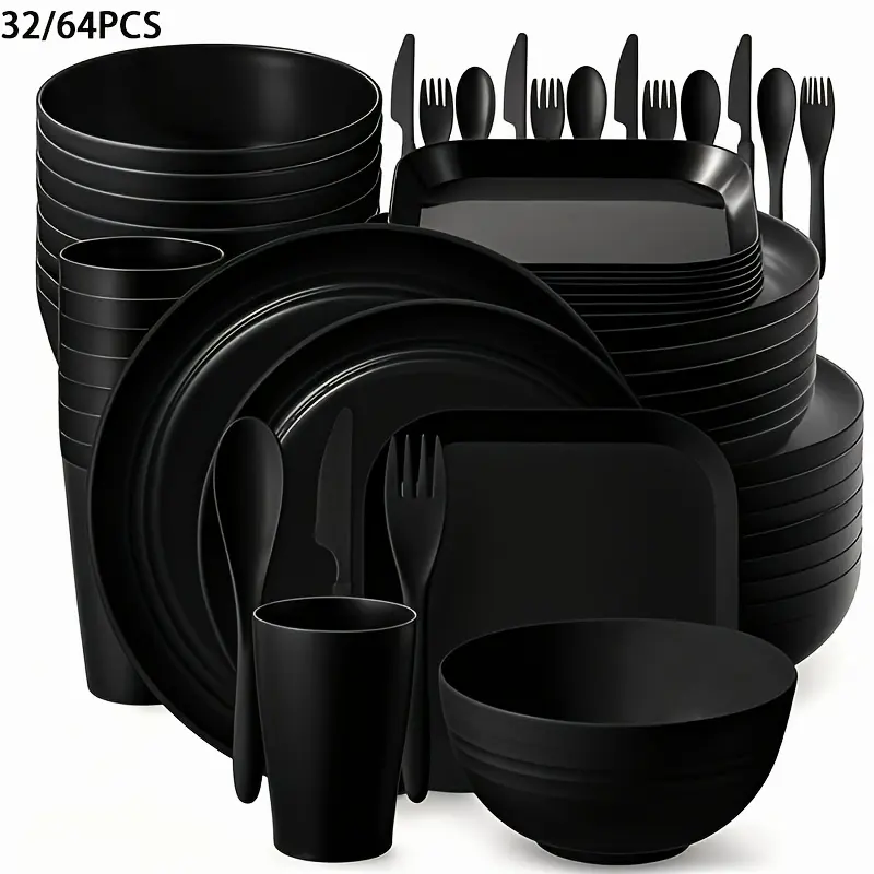 32/64pcs Wheat Straw Cutlery Set Bulk Plates Lightweight Dishes Cups Cutlery Dishwasher Microwave Safe For Camping Picnic
