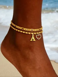 New 26 Letter and Heart Pendant Anklet, Stainless Steel Chain 2-Piece Set, Fashionable Women's Beach Foot Jewelry, Stylish Anklets for Summer