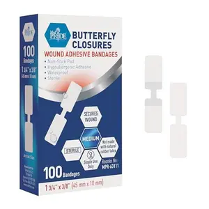 MED PRIDE Butterfly Wound Closure Strips Pack of 100 Sterile Nonstick Hypoallergenic Latex Free Bandages for Cuts and Injuries (Medium)
