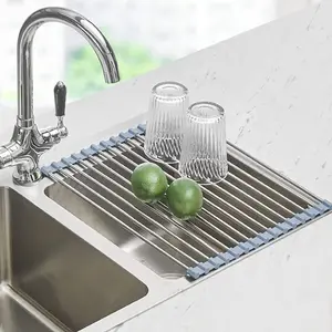 Roll Up Dish Drying Rack, Over The Sink Dish Drying Rack Kitchen Rolling Dish Drainer, Foldable Sink Rack Mat Stainless Steel Wire Dish Drying Rack for Kitchen Sink Counter Storage 17.5x11.8