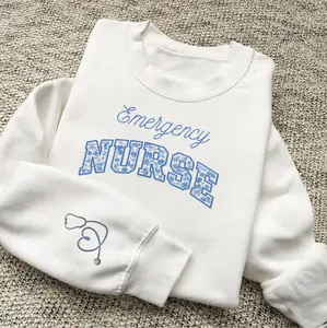 Emergency Nurse Sweatshirt Blue Floral Varsity Nurse Crewneck Cute ER Nursing Student Pullover Gift T-shirt, Hoodie and Sweatshirt