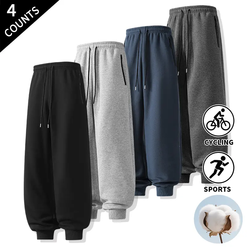 4-Pack Men’s Jogger Sweatpants, Elastic Drawstring Athletic Pants with Zippered Side Pockets for Sports and Everyday Wear