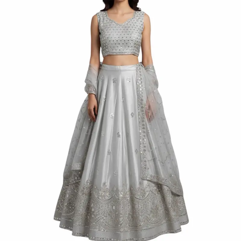 Women's Formal Silk Lehnga Set, Airy Sleeveless Blouse, Beautiful Net Dupatta Dress