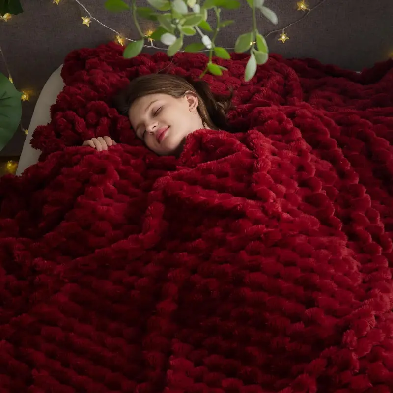 Red King Flannel Blanket - Super Soft 350GSM Silky Fleece 3D Clouds Jacquard, Lightweight Cozy Fluffy All-Season Bedding, Seersucker Spider Web Spooky Style, Princess-Designed Multipurpose Plush Throw (90"x110"), Flannel Blankets, Lightweight Cozy Blanket