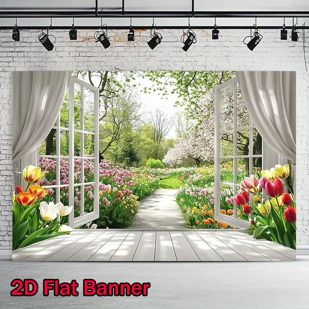 1PC 2D Flat Floral Garden Window Scene Photography Backdrop - Birthday-Themed Festive Backdrop & Banner for Newborn Baby Photo Studio, Indoor Live Stream, Photobooth, Professional Props, Birthday-Themed Festive Backdrops & Banners