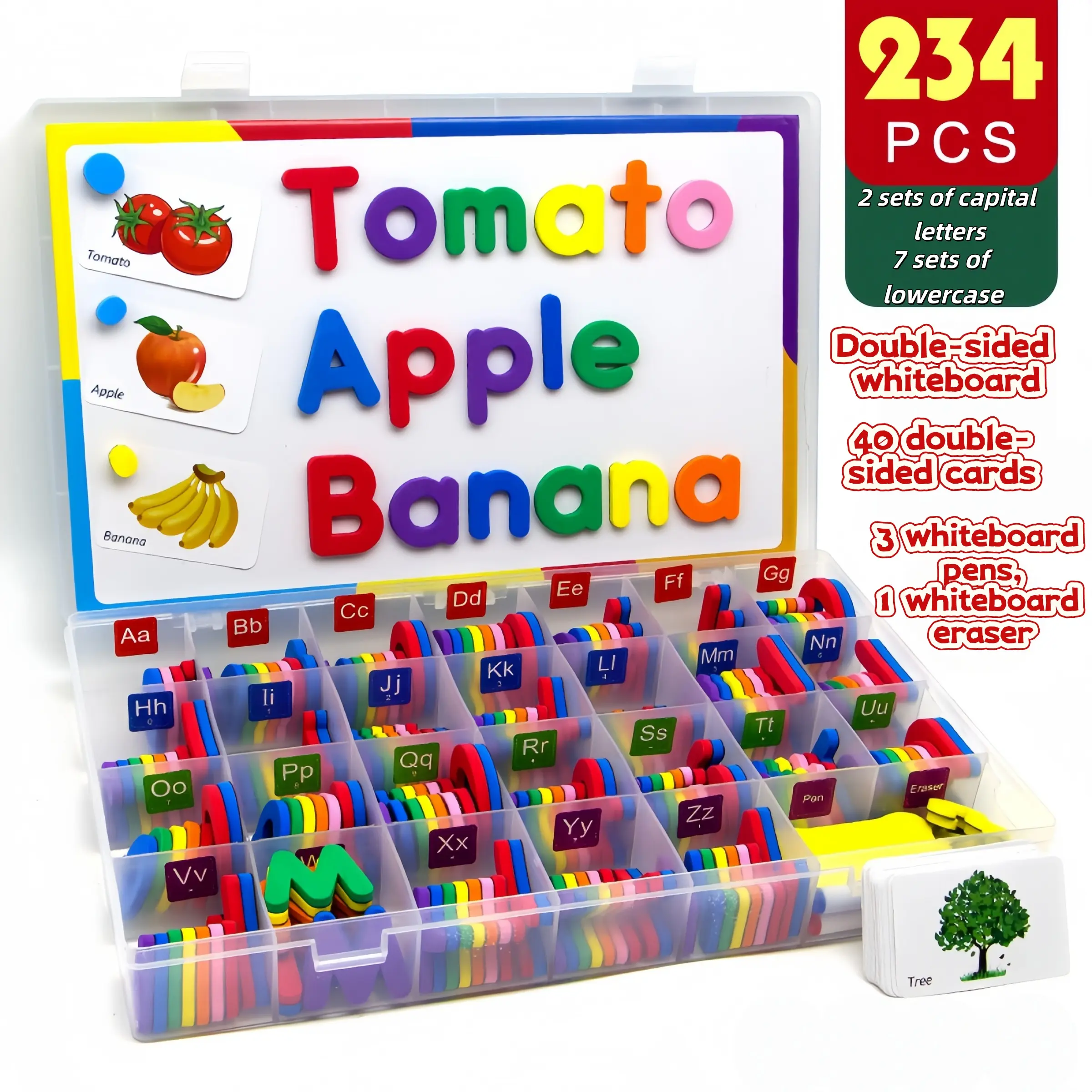 Magnetic Letter Learning Set for Toddlers, Includes 234 Magnetic Letters, Dual Whiteboard, 3 Markers, Eraser, Cards & Storage Box, Visual Learning Tools, Learning Materials