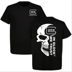 Men's Glock Skull Graphic 100% Cotton T-Shirt, Apparel Menswear Classic Round Neck Shortsleeve, "In Glock We Trust" Gun Lover Tactical Pistol 2A Shooting Range Vintage Tee, Soft Breathable Casual Summer Daily Wear
