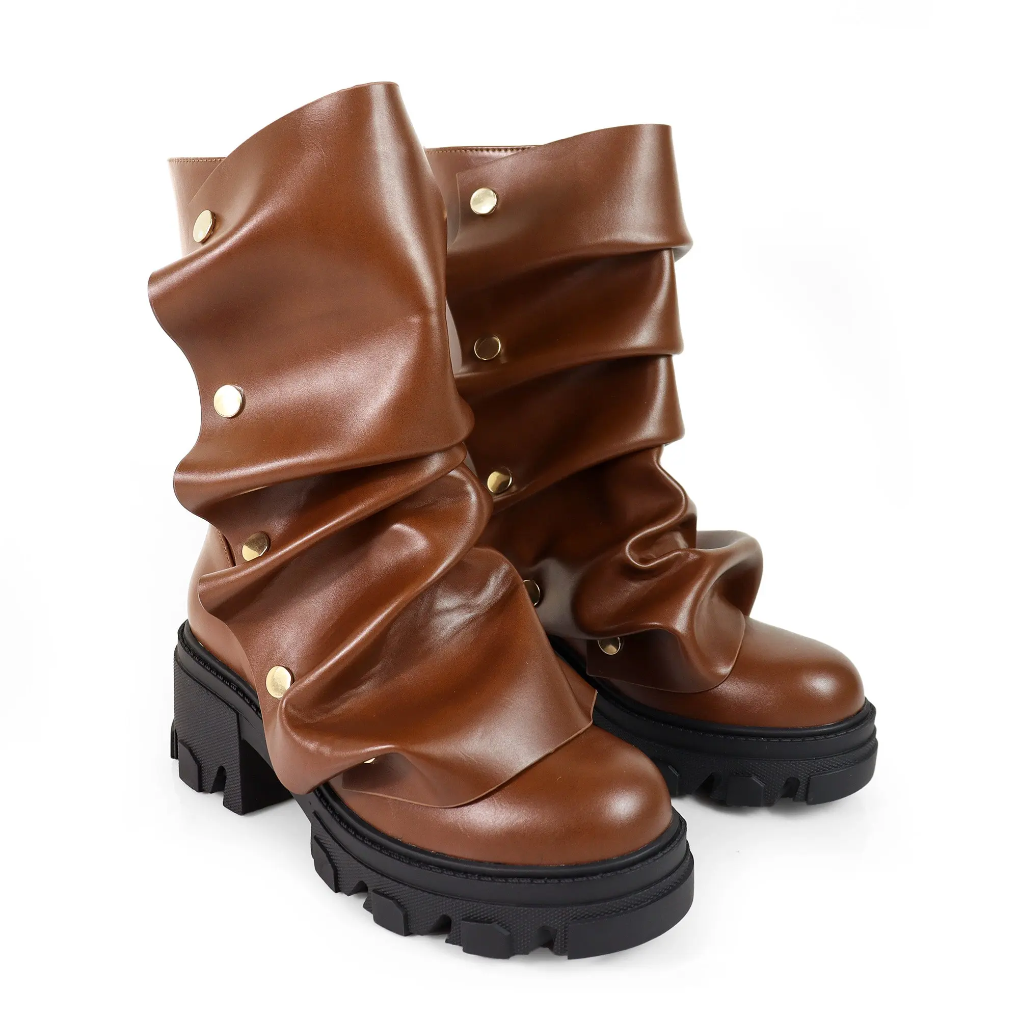 Women's Slouchy Mid Calf Combat Boots Brown Camouflage 2.5" Platform Sole PU Material Chunky Lug Sole Removable Scrunched Foldover Zipper Back Closure Fall Style