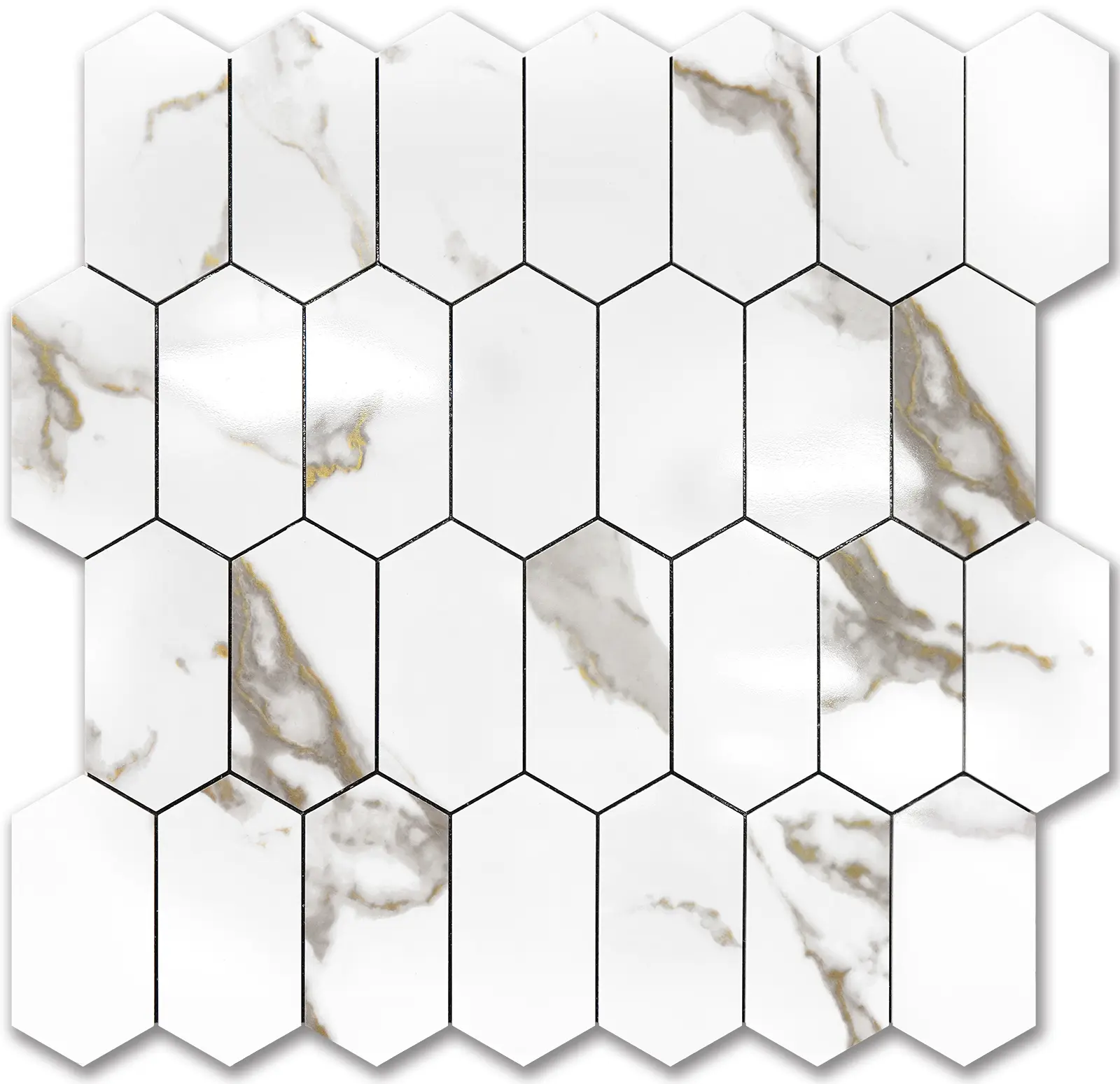 Vamos Tile Long Hexagon Peel and Stick Backsplash Tile - 10 Sheets Stick on Backsplash for Kitchen and Bathroom 12.4 x 12 Inch Glossy White Marble with Gold Veining PVC Self Adhesive Mosaic Wall Tiles