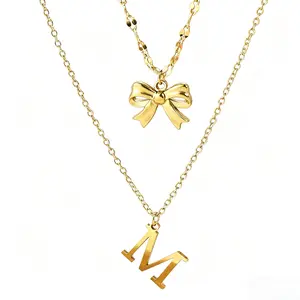 Trending Stainless Steel Bow Pendant Initial A-Z Double-Layer Clavicle Chain Necklace for Women Unique Design Jewelry Gift