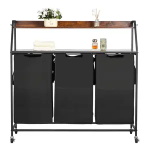 Two-Tier Laundry Sorter, Tall Laundry Hamper With Wheels And Hooks, Three-Section Portable Rolling Laundry Organizer For Laundry Room Or Closet, Space-Saving Design With Durable Frame