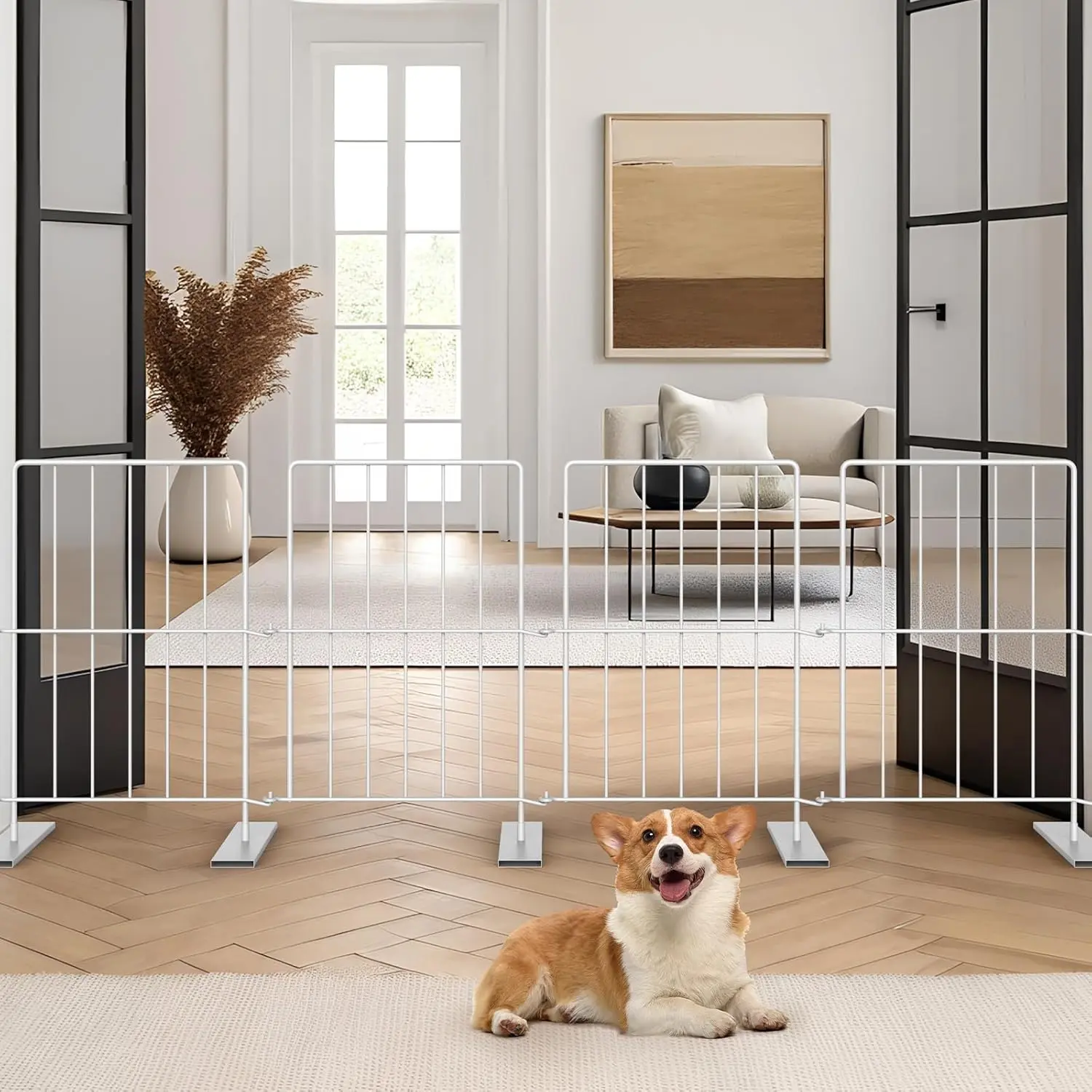 17" Metal Freestanding Pet Gate, 4-Panel Expandable Dog Fence (10.6"-49") with Tool-Free Setup, Indoor/Outdoor Barrier for Small Dogs, Multi-Pack for Unlimited Extension