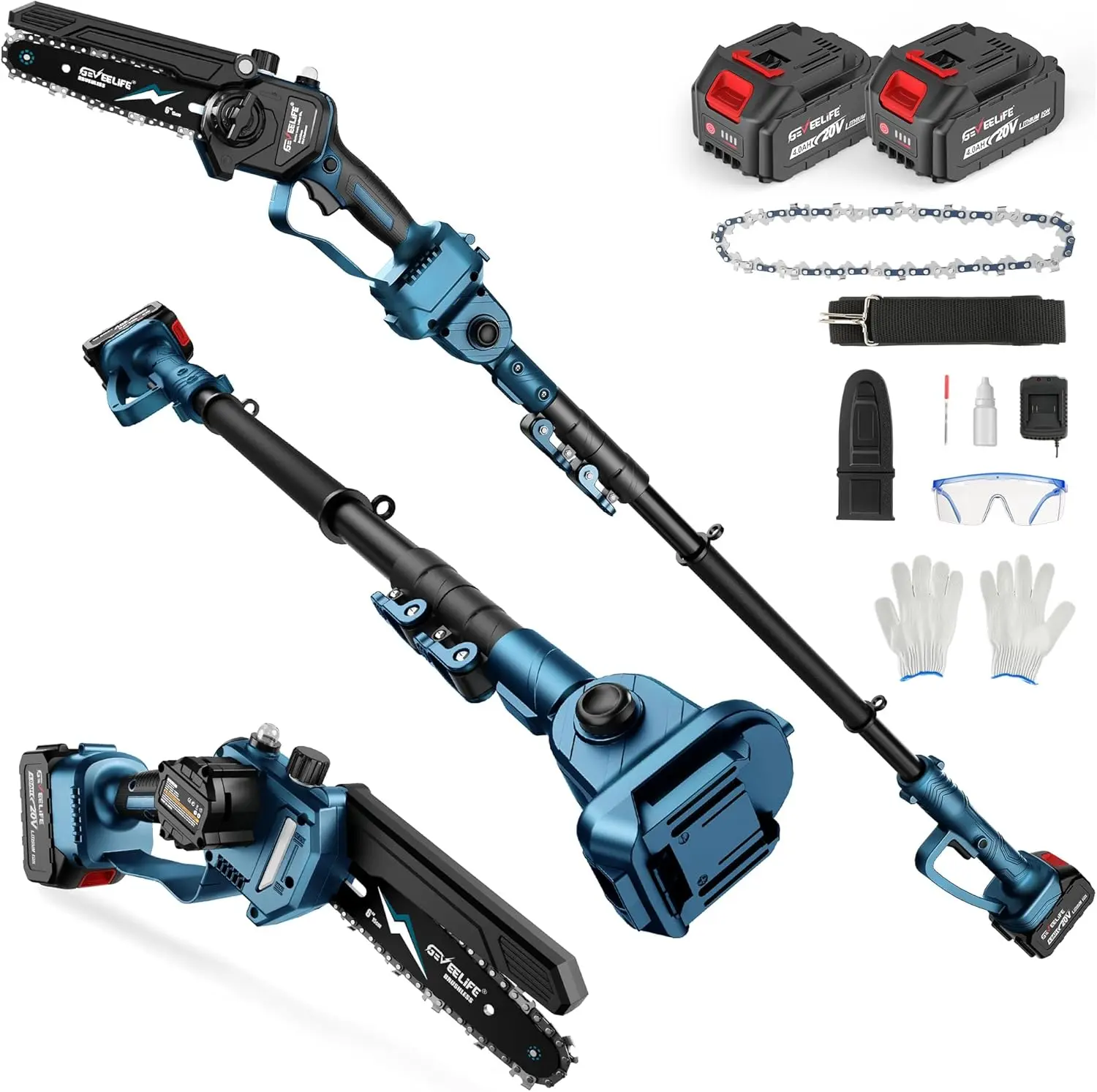 2-in-1 Electric Pole Saw, Cordless Pole Saw & 6 Inch Brushless Mini Chainsaw with 2x 4.0Ah Battery, Pole Saws for Tree Trimming, 15-Foot Reach Extension Pole for Tree Branches Wood Cutting Tree Trimmer Pole Saw