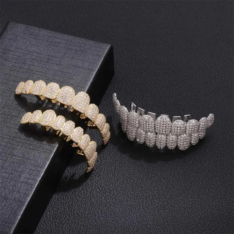 Bling Icy Grillz Set, 14K Gold Tone Hip-Hop Teeth Jewelry, Premium CZ Stone Encrusted Dental Caps, Trendy Rap & Rapper Costume Accessory, Perfect Gift for Rappers & DJs