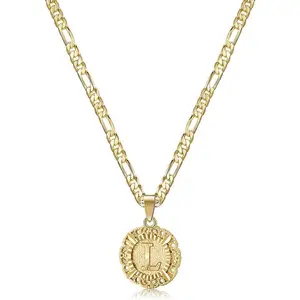 Initial Necklaces for Women, 14K Gold Plated Round Letter Pendant Capital Monogram Necklace Alphabets from A-Z Figaro Chain Jewelry