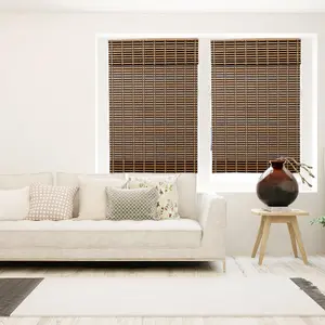 Thy Home Cordless Bamboo Roman Window Blind Sun Shade - Light Filtering, 8" Valance, Black & Tan Bamboo Fiber, Natural Aesthetic, Room Decor Curtain, Cordless Blinds