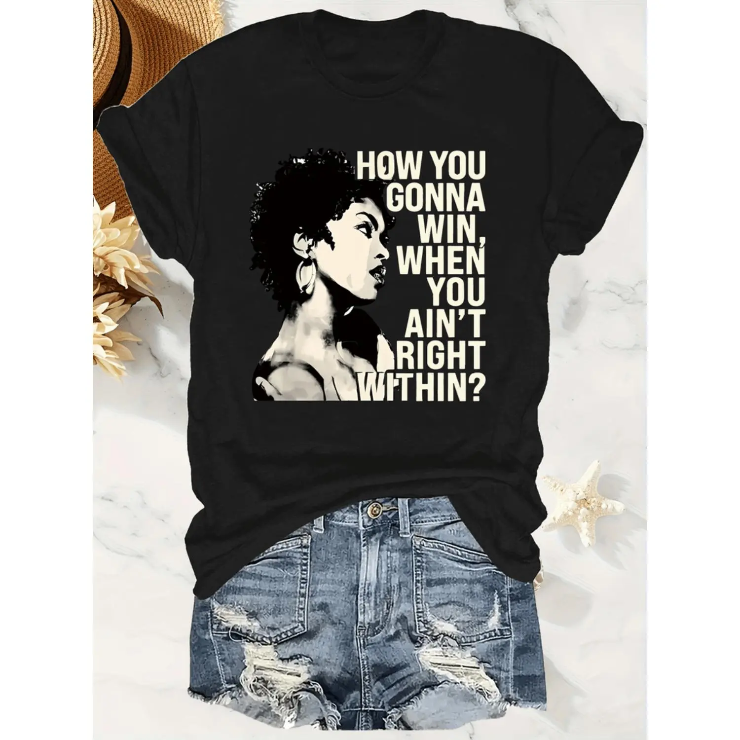 Summer Women's Casual Short Sleeve Polyester Graphic TShirt with Inspirational Quote How You Gonna Win When You Ain T Right Within Round Neck