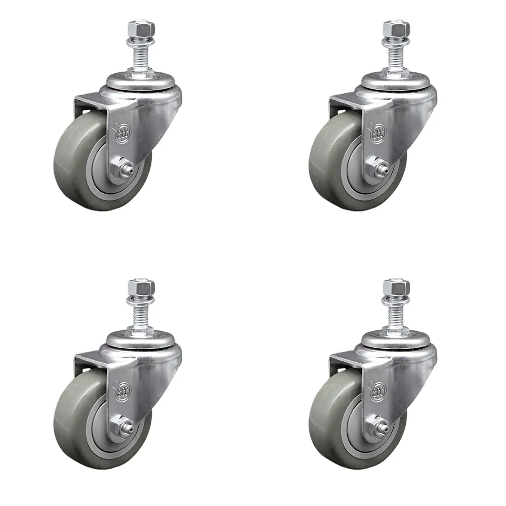 Service Caster SCC-TS20S3514-PPUB-121315-4 Polyurethane Swivel Threaded Stem Casters with Ball Bearings, 3.5x1.25 in. Gray Wheels, 0.5 in. Stems - Set of 4 for Material Handling on Concrete/Tile