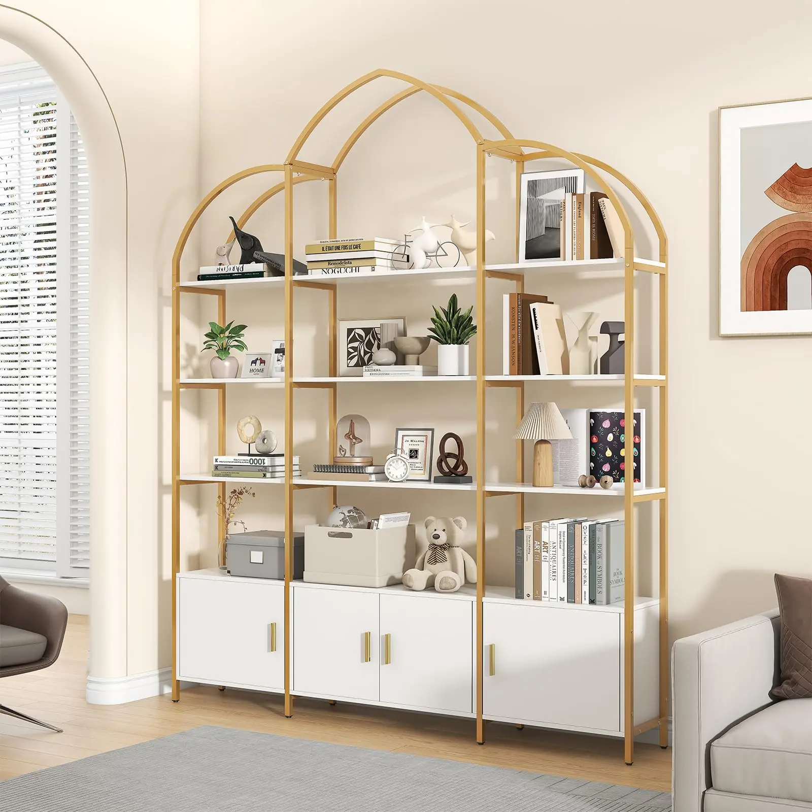 Modern Arch Bookshelf with Drawers, 4-Tier Open Display Shelf & Storage, Heavy Duty Steel Frame for Living Room, Bedroom or Office, Easy Assembly