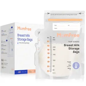 MomFree Sterile Breastmilk Storage Bags with Pour Spout 8 Ounce Temp-Sensing Color Change Fast Freeze & Thaw Milk Bags No-Leak Pouches 60 Count for Baby Bottle Feeding