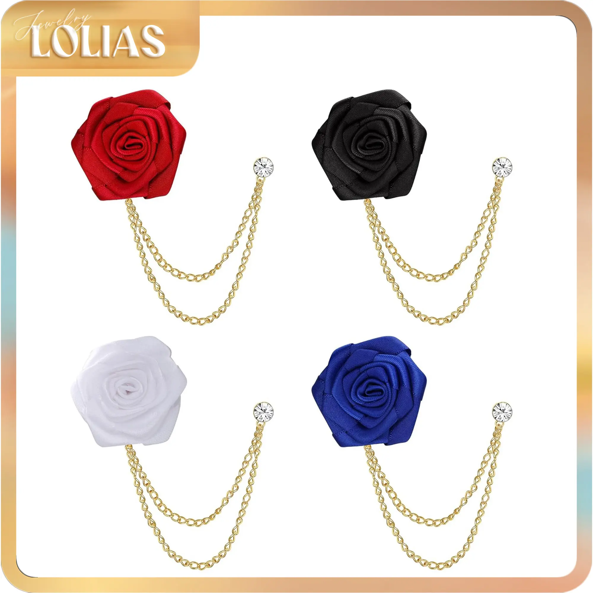 LOLIAS 4PCS Men's Accessories - Vintage Handmade Satin Rose Flower Brooch Lapel Pin Set with Tassel Chain for Wedding, Engagement, Brooch Styling, Crystal Cz Sparkle, Formal Events, Soft Satin, Alloy, Business, Ceremony, Comfortable Touch, Evening, Daily,