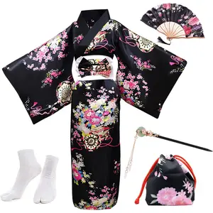 5Pcs Japanese kimono for women, Robe Geisha Yukata Dress Blossom Satin Bathrobe japanese dress for women