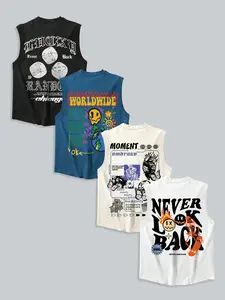 4-Pack Y2K Graffiti Graphic Muscle Tanks | Skate Streetwear Casual Sleeveless Tops Set, Sport Tank Top