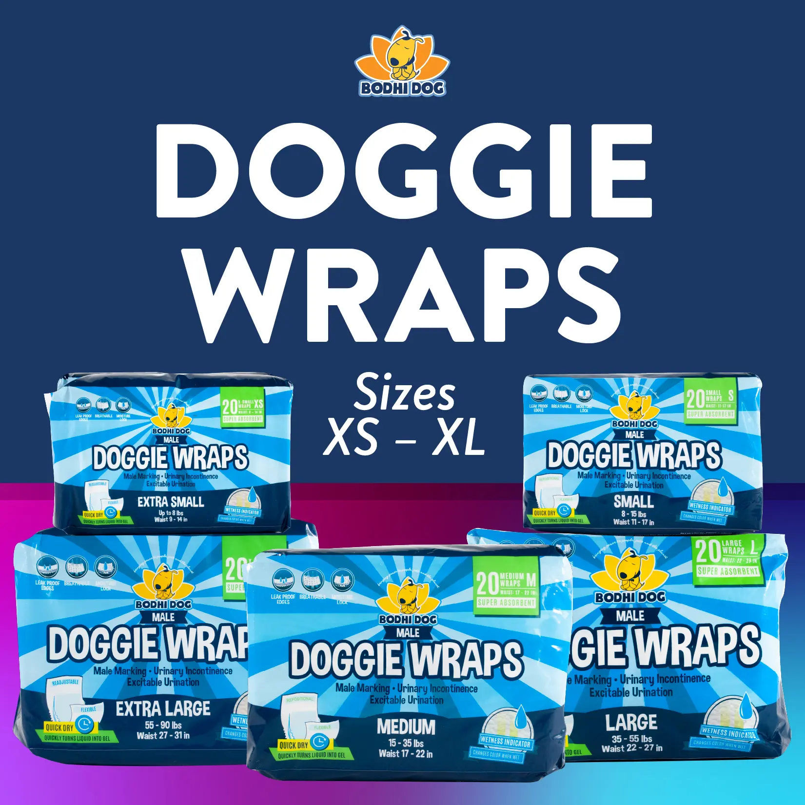 Disposable Male Dog Diapers | Super Absorbent, Leak-Proof & Adjustable Wraps | Moisture Control & Wetness Indicator | XS – XL from Bodhi Dog