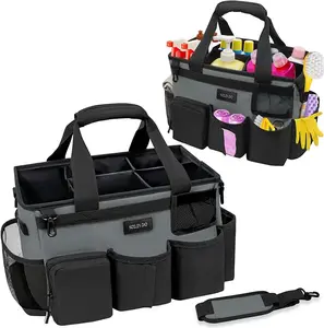 Grey wearable cleaning bag with handle and shoulder strap, suitable for cleaning car cleaning tool organizer bag with 5 foldable partitions