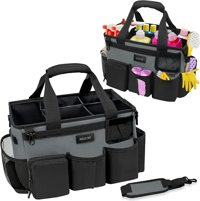 Grey wearable cleaning bag with handle and shoulder strap, suitable for cleaning car cleaning tool organizer bag with 5 foldable partitions