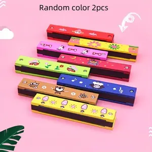 Random Color Cartoon Pattern 16 Hole Harmonica, 2 Counts Mini Double Row Harmonica, Wooden Harmonica Instrument for Kids & Adults