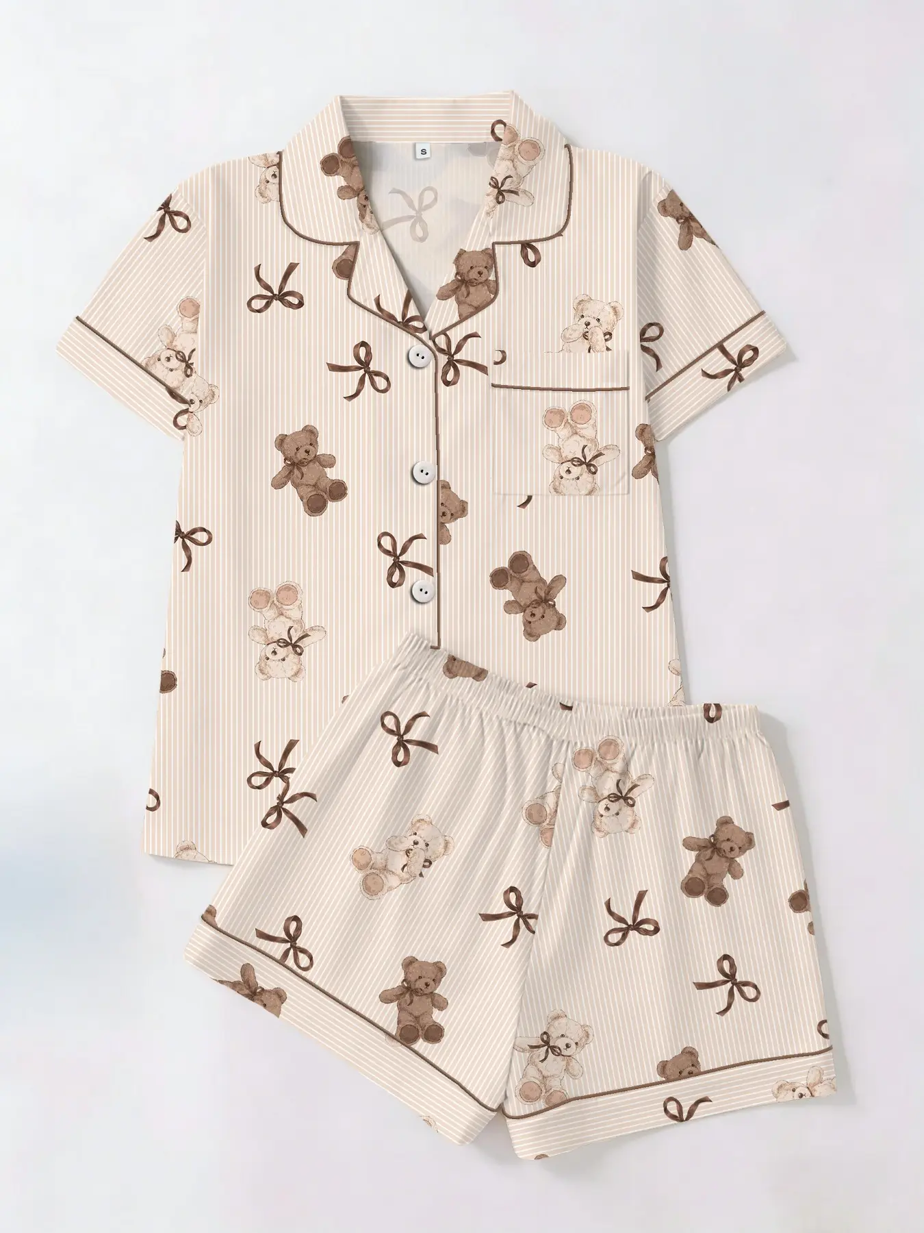 Striped Teddy Bear & Bow Print Pajama Set, Short Sleeve T-Shirt and Shorts Two-Piece, Casual Fitted Homewear Nightwear Loungewear for All Seasons