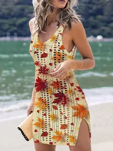 Women's Plant Theme Leaf Print Dress, Casual Home Vacation Beach Cover-Up, Sexy Knitted Hollow Out V Neck Sleeveless, Spring Summer Fall Women's Short Skirt, Casual Backless Sleeveless