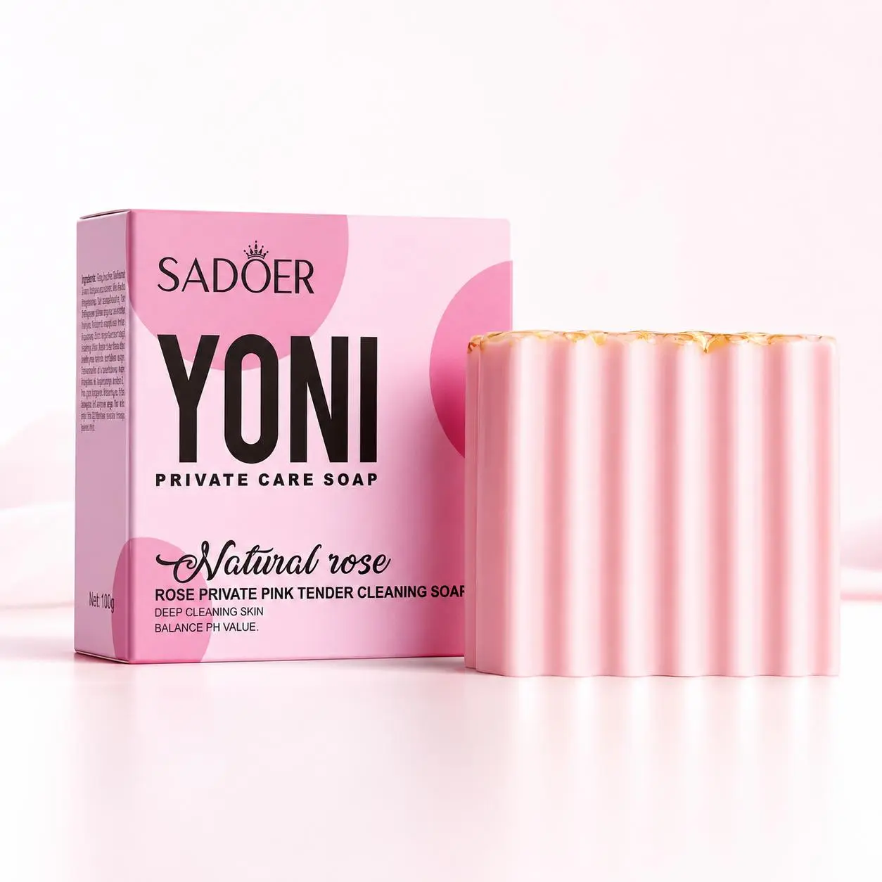 SADOER Rose Intimate Pink Cleansing Soap, Gentle Hydrating Body Care Bar for Women, Enriched with Rose Extract, Includes Foaming Net Natural Bar Soap Body Wash