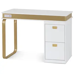 Modern White & Gold Manicure Table with Outlets, Beauty Nail Desk with Big Drawers for Storage 2626
