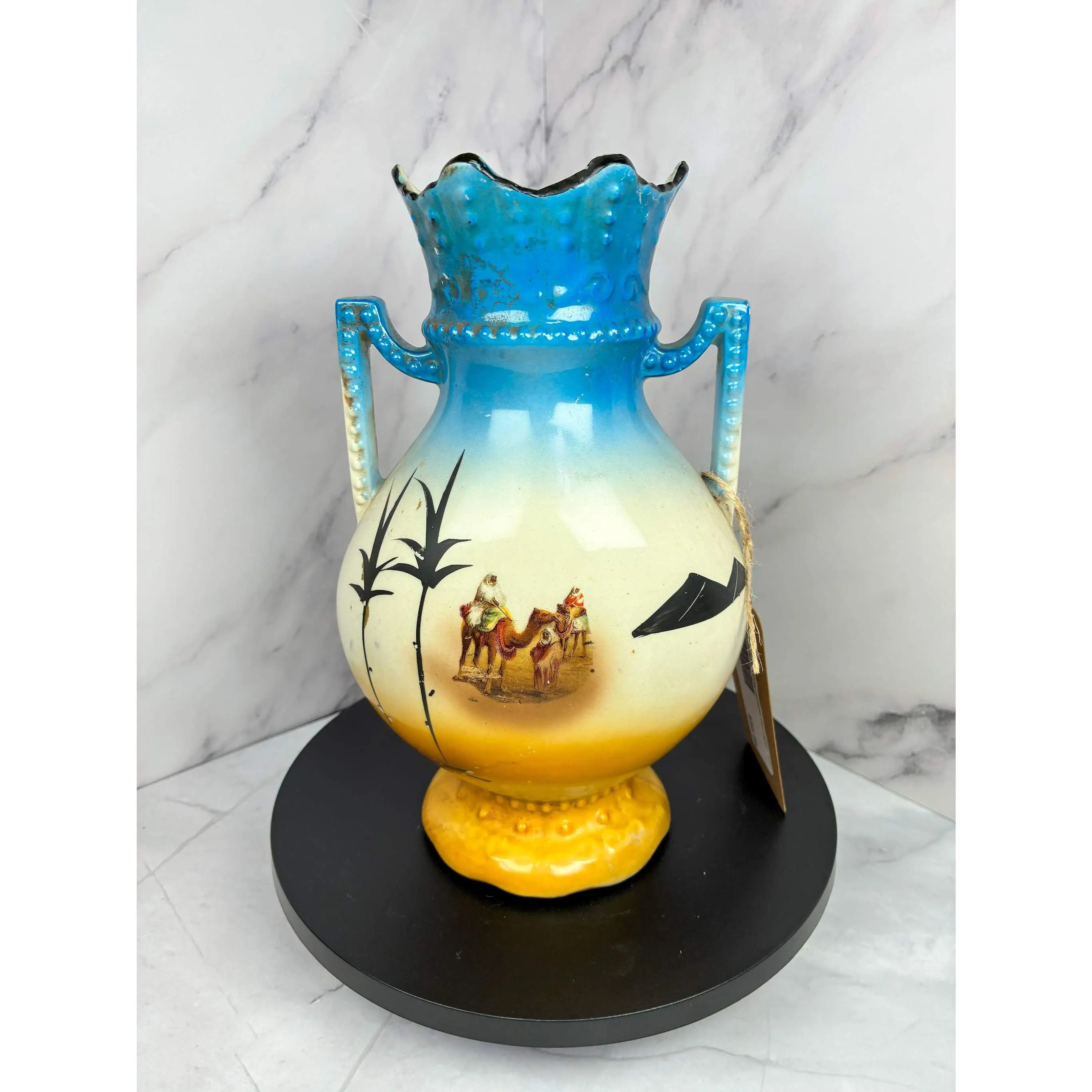 🏺 Antique Sandon Pottery Vase – Hand-Painted Desert Scene (Early 20th Century) 🏺(crack in rim)