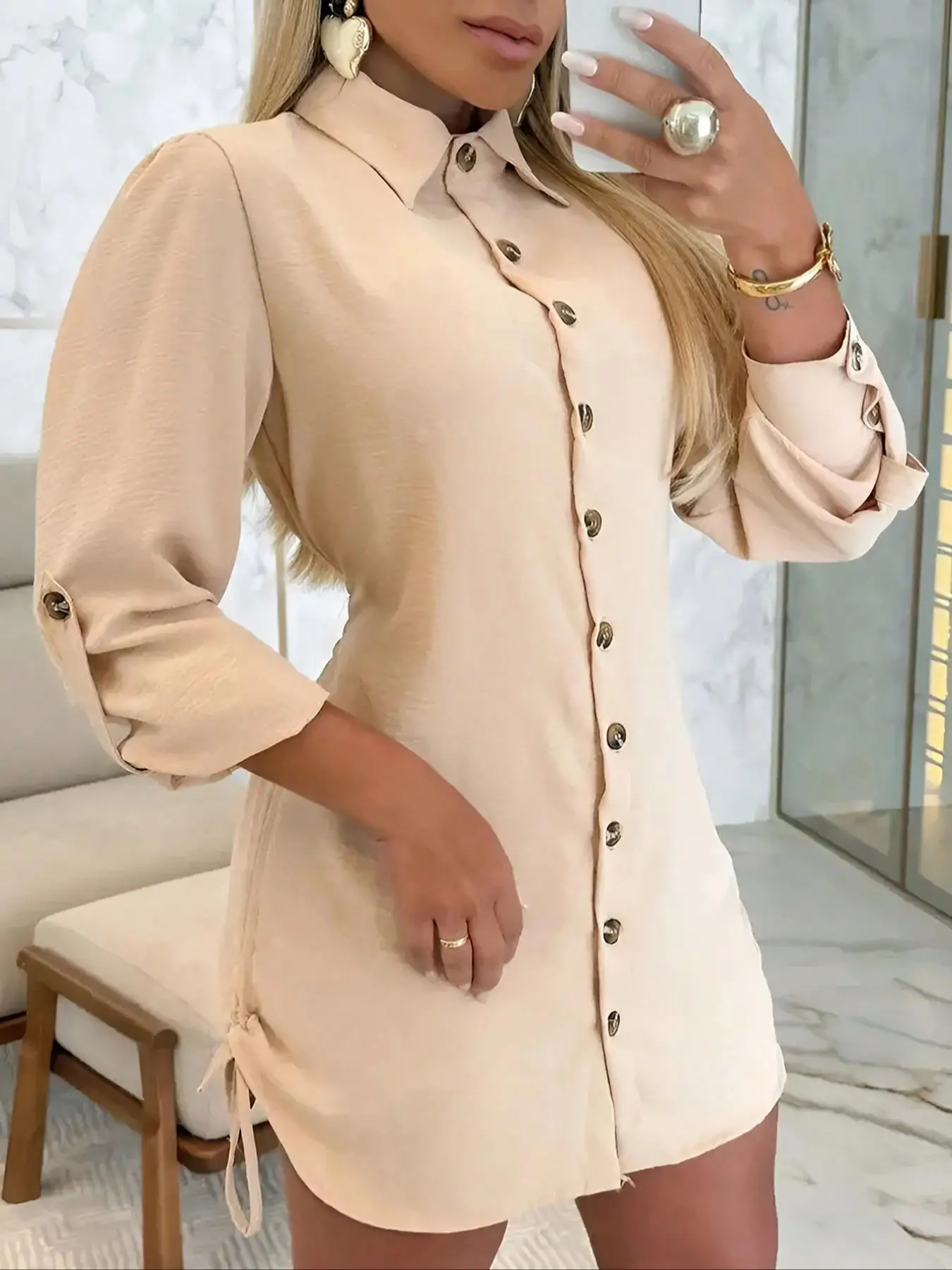 Women's Plain Drawstring Button Front Shirt Dress, Casual Rolled Sleeve Collared Short Dress for Spring & Fall, Ladies Clothes for Daily Wear
